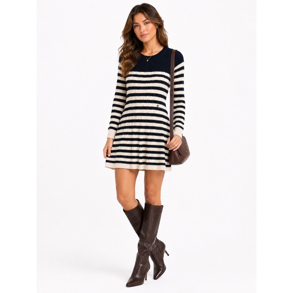 Pink Rose Sweater Dress Womens Medium Black White Striped Cable Knit Mini Dress
